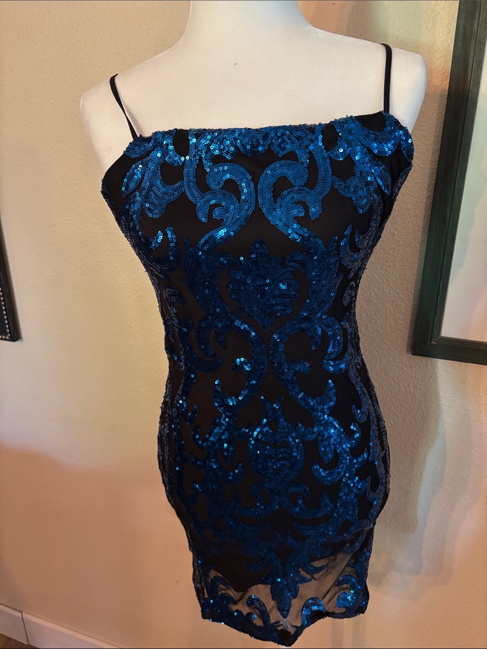 B Darlin Black Mini Dress with Blue Sequin Scrollwork